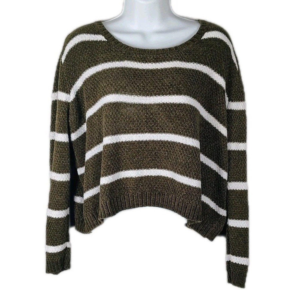 Olive Green White‎ Striped Boucle Cropped Sweater M y2k spring boxy capsule